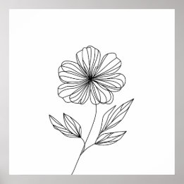 Minimalist Flower Line Drawing black and white Poster