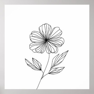 Minimalist Flower Line Drawing black and white  Poster