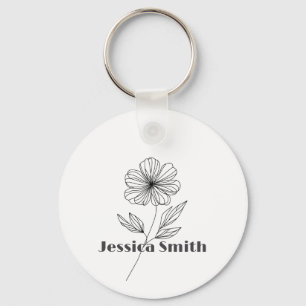 Minimalist Flower Line Drawing custom name Keychain