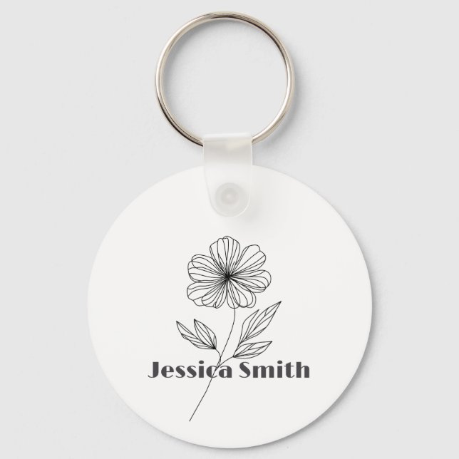 Minimalist Flower Line Drawing custom name Keychain (Front)