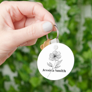 Minimalist Flower Line Drawing custom name Keychain