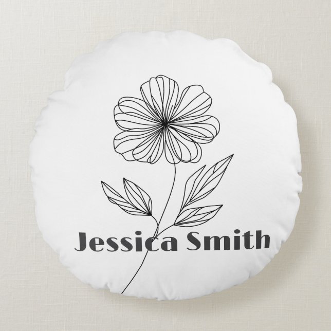 Minimalist Flower Line Drawing custom name Round Pillow (Front)