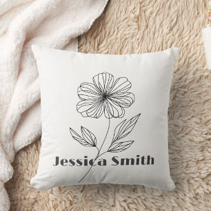 Minimalist Flower Line Drawing custom name Throw Pillow