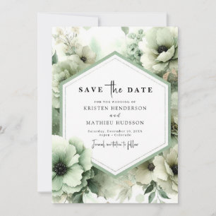 Minimalist Flowers Watercolor Sage Green Wedding Save The Date