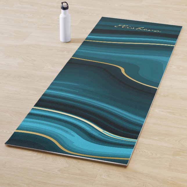 Minimalist Flowing Teal, Turquoise & Gold Agate  Yoga Mat (In Situ)