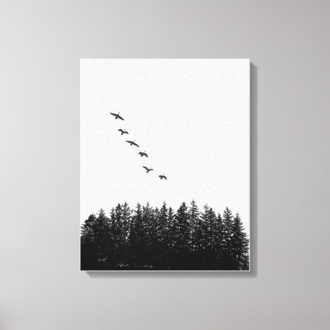 Minimalist Flying Geese and Pine Tree Monochrome Canvas Print (Front)