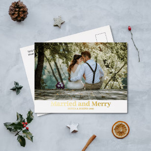 Minimalist Foil Merry and Married Newlywed Photo Foil Holiday Postcard