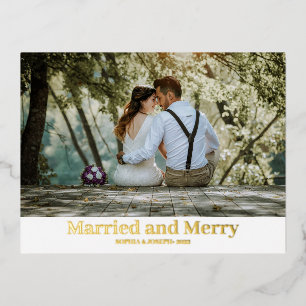 Minimalist Foil Merry and Married Newlywed Photo Foil Holiday Postcard