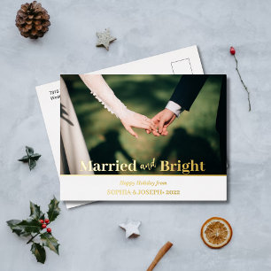 Minimalist Foil Photo Merry and Bright Newlywed Holiday Postcard