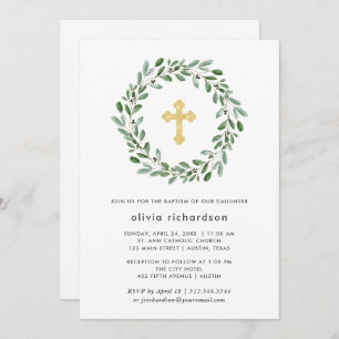 Minimalist Foliage Baptism with Gold Cross Invitation