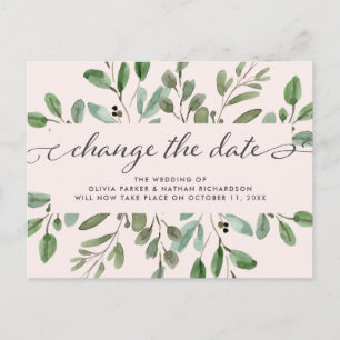 Minimalist Foliage Blush   Wedding Change the Date Announcement Postcard