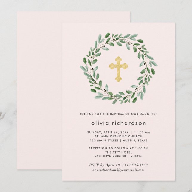 Minimalist Foliage | Pink Baptism with Gold Cross Invitation (Front/Back)