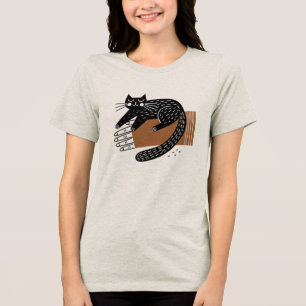 Minimalist Folk Art Black Cat Sitting on a Hand Tri-Blend Shirt