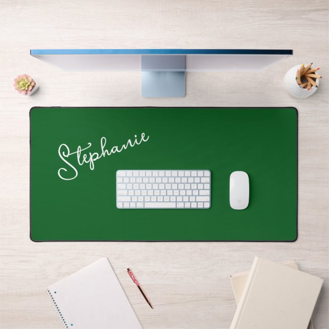 Minimalist Forest Green Personalized Name Script  Desk Mat (Office 1)