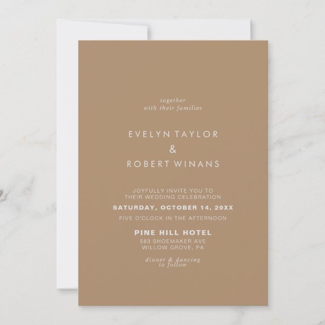 Minimalist Formal Brown Front and Back Wedding  Invitation (Front)