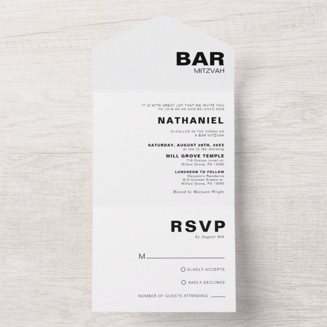 Minimalist Formal Elegant Bar Mitzvah All In One Invitation (Inside)