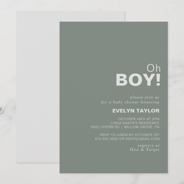 Minimalist Formal Green Oh Boy Baby Shower   Invitation (Front/Back)