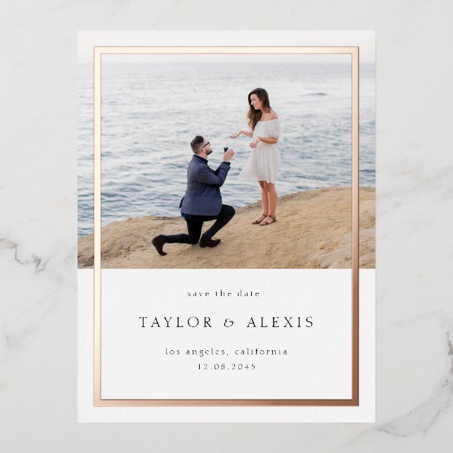 Minimalist Frame Photo Save the Date Rose Gold Foil Invitation Postcard (Front)