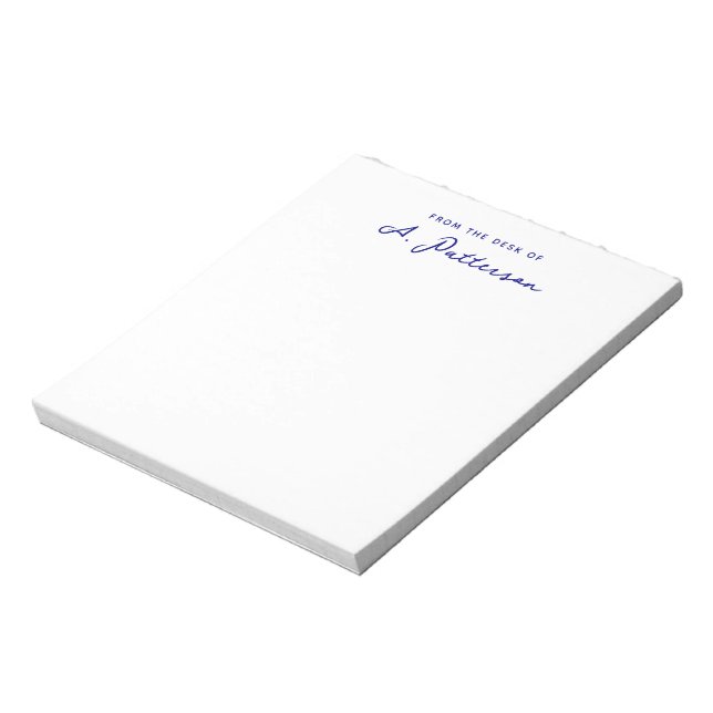Minimalist From The Desk Of Navy Blue Script Name Notepad (Rotated)