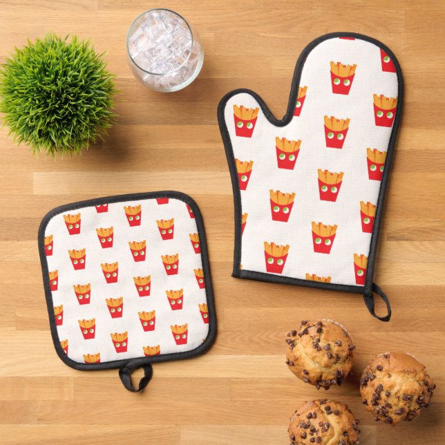 Minimalist Fun Joyful Red & Yellow Fries Pattern Oven Mitt & Pot Holder Set (Top Down)
