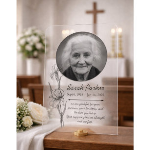Minimalist Funeral Memorial Photo Iris Floral Acrylic Sign