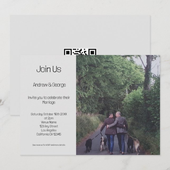 Minimalist Gay LGBGQ  QR Code Grey Wedding Invitation (Front/Back)