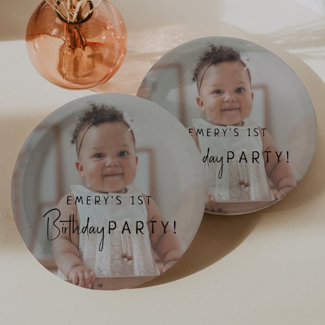 Minimalist Gender Neutral 1st Birthday Photo Paper Plate (Creator Uploaded)
