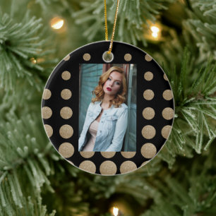 minimalist geometric black gold glitter polka dots ceramic ornament