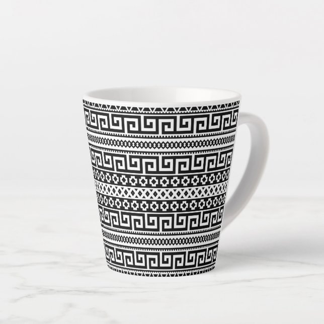 Minimalist Geometric Maze Lines Black White Latte Mug (Right Angle)