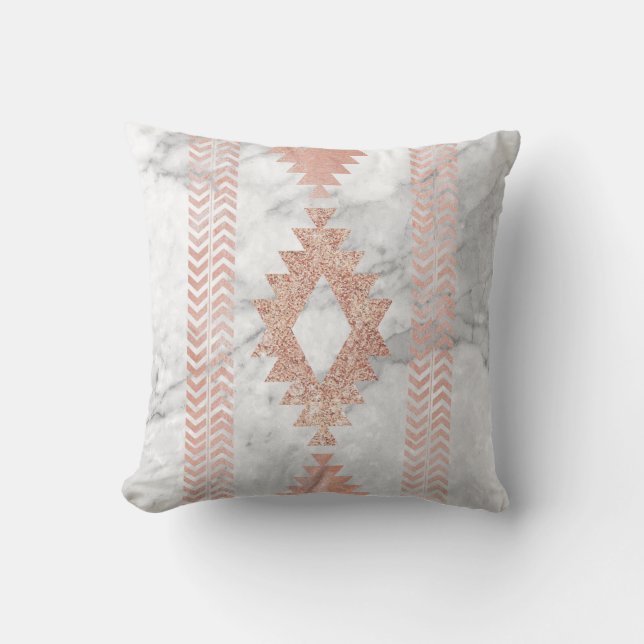minimalist geometric rose gold aztec white marble outdoor pillow (Front)