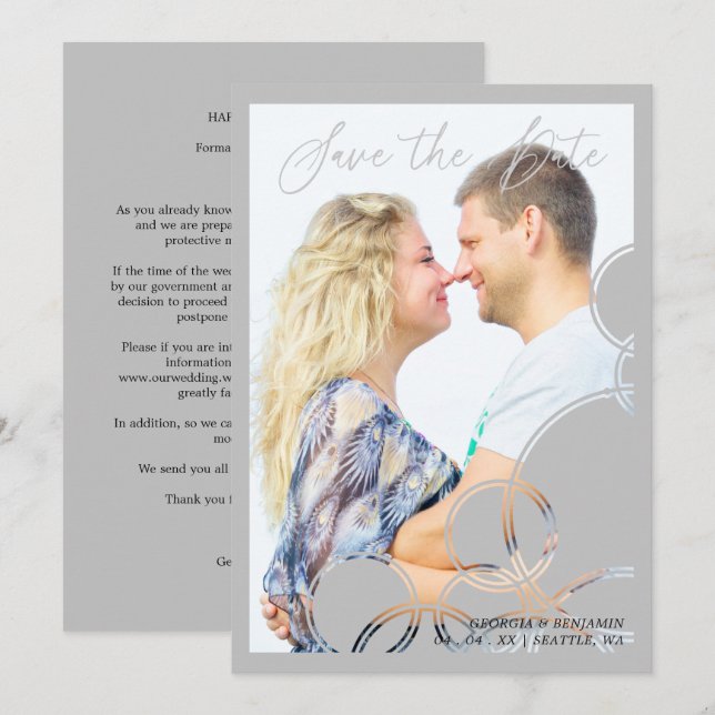 Minimalist Geometric Shapes Grey Photo Couple Save The Date (Front/Back)