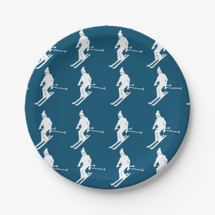 Minimalist Geometric Skiers Winter Blue White   Paper Plate