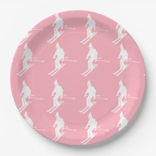 Minimalist Geometric Skiers Winter Pink White    Paper Plate