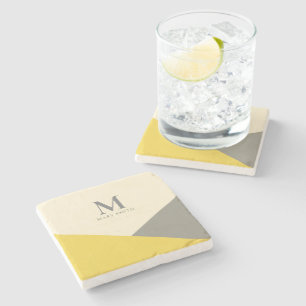 Minimalist Geometric Yellow and Grey Monogram Stone Coaster