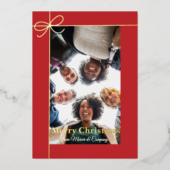 Minimalist Gift Wrap and Bow Photo Gold Real Foil Holiday Card (Front)