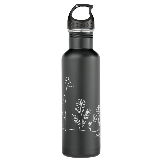 Minimalist Giraffe Flowers White Line Art Drawing 710 Ml Water Bottle (Front)