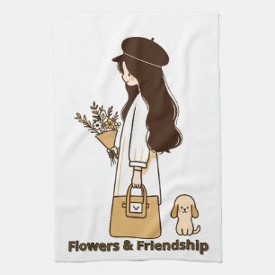 Minimalist Girl with Poodle and Wildflowers Kitchen Towel