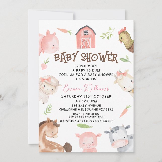 Minimalist Girls Farm Themed Baby Shower Invitation (Front)
