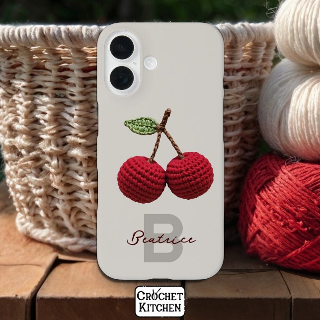 Minimalist Girly Crochet Red Cherry Monogram Name Case-Mate iPhone Case (Creator Uploaded)