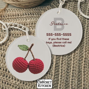 Minimalist Girly Crochet Red Cherry Monogram Name Keychain