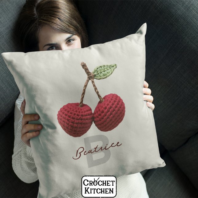 Minimalist Girly Crochet Red Cherry Monogram Name Throw Pillow (Creator Uploaded)