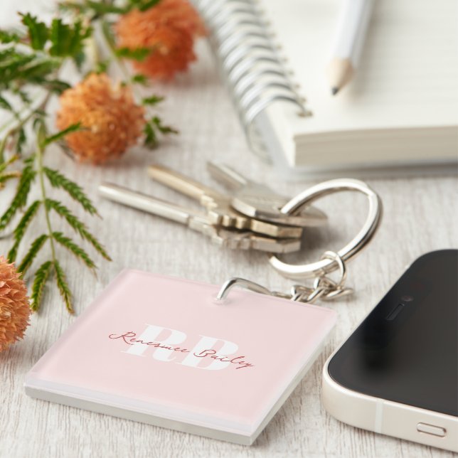 Minimalist Girly Pink White Monogram Keychain (Front Right)