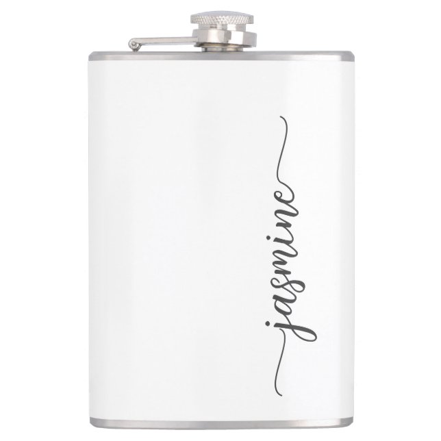 Minimalist Girly White Monogram Name Script Hip Flask (Front)