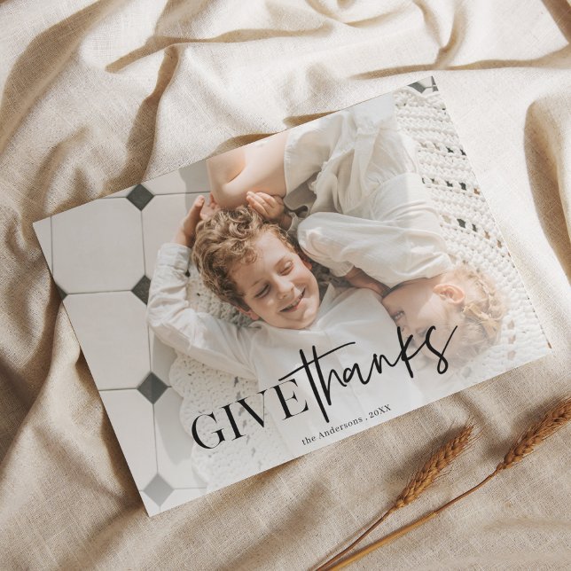 Minimalist “Give Thanks” Family Photo Postcard (Creator Uploaded)