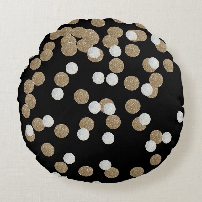 minimalist glitter black champagne gold confetti round pillow (Front)