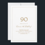 Minimalist Gold 90th Birthday Party Invitation<br><div class="desc">This minimalist gold 90th birthday party invitation is perfect for a simple birthday party. The modern romantic design features classic gold and white typography paired with a rustic yet elegant calligraphy with vintage hand lettered style. Customizable in any colour. Keep the design simple and elegant, as is, or personalize it...</div>