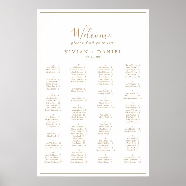 Minimalist Gold Alphabetical Seating Chart (Front)