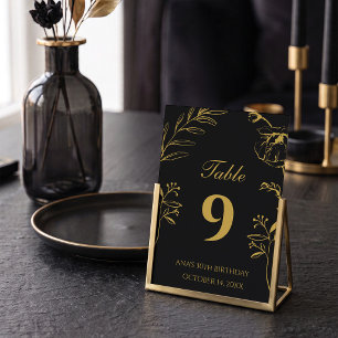 Minimalist Gold and Black Floral 30th Birthday Table Number