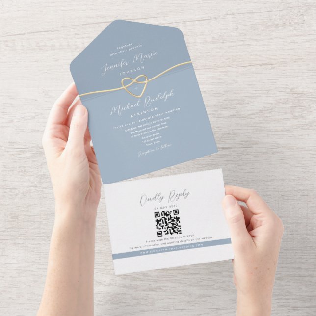 Minimalist Gold and Dusty Blue Wedding All In One Invitation (Tearaway)