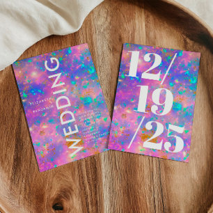 Minimalist Gold and Opal Bold Pink Chic Wedding Invitation